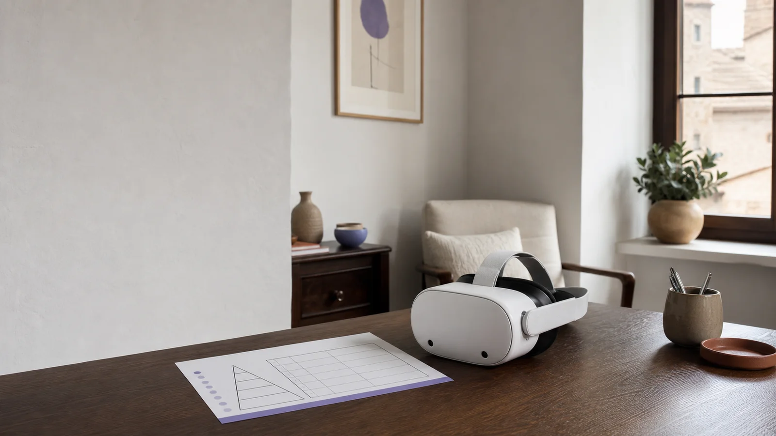 Tablet showing a small, calm dog in a VR scene next to a handwritten sheet with the five-step dog phobia exposure hierarchy: the VR exposure protocol applied step by step.