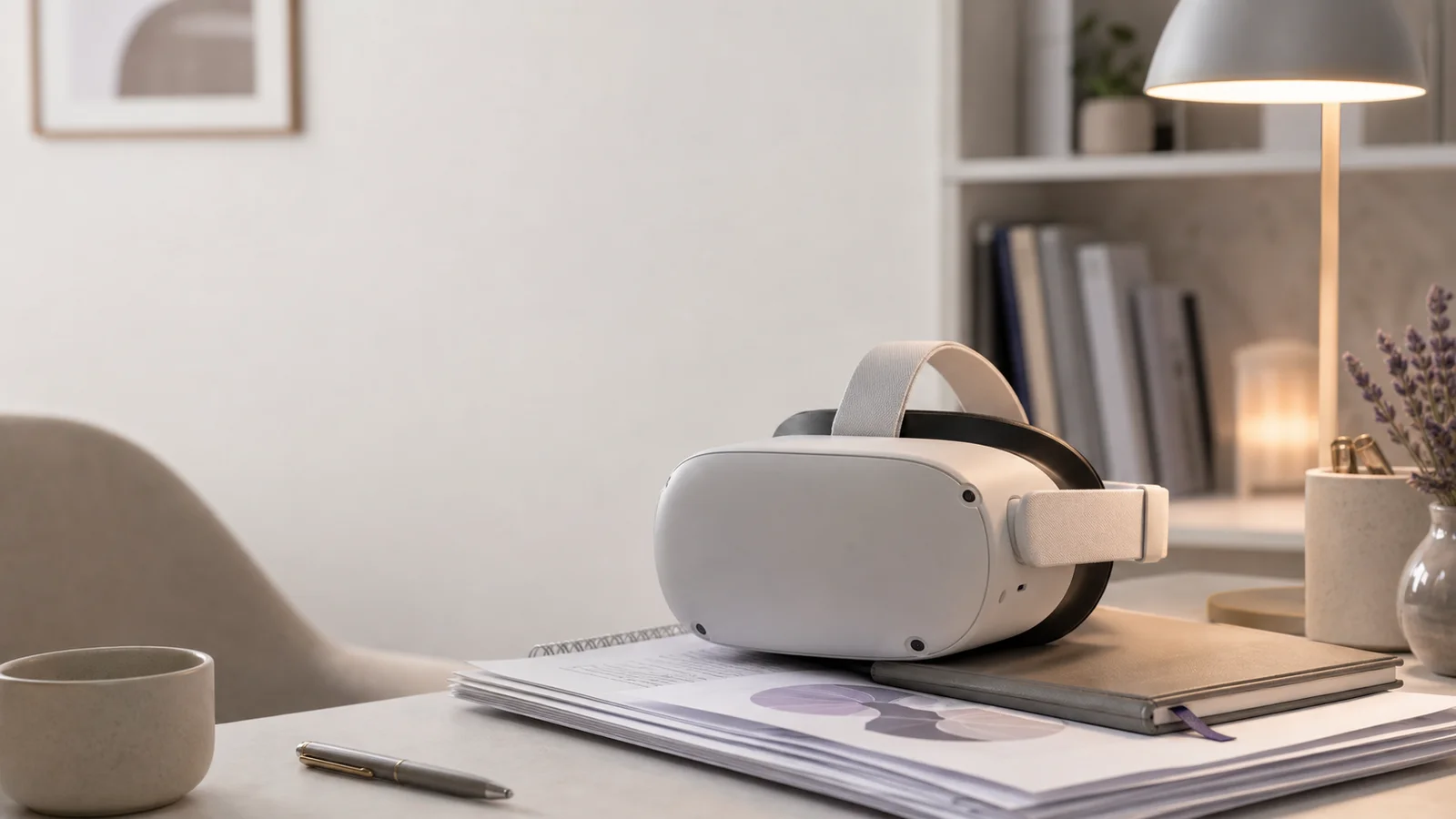 A licensed psychologist controlling the session from a tablet while the patient explores a VR scene with a Meta Quest 3 in a Mediterranean-style practice.