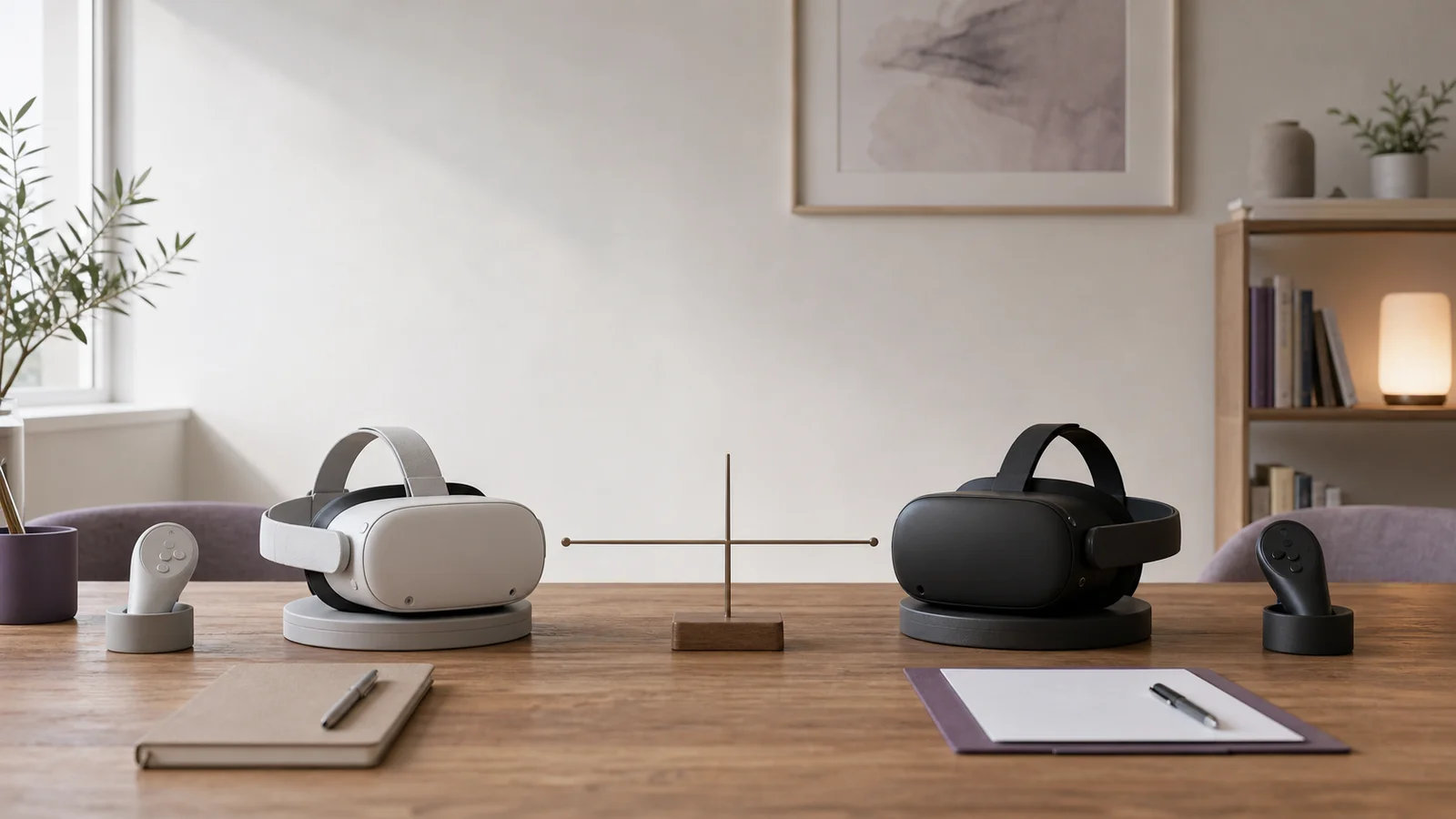 Two identical VR headsets facing off with warm and cool detailing, and a two-column table with crossed checkmarks: a head-to-head comparison of VRET (Spain) vs. C2Care (France).