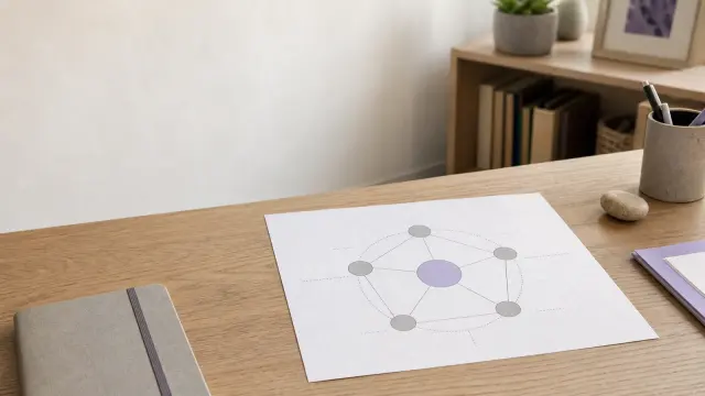 Five VR headsets lined up on an oak desk with color-coded labels; the center one (violet) circled by hand: a comparison of alternatives to Psious and Amelia.
