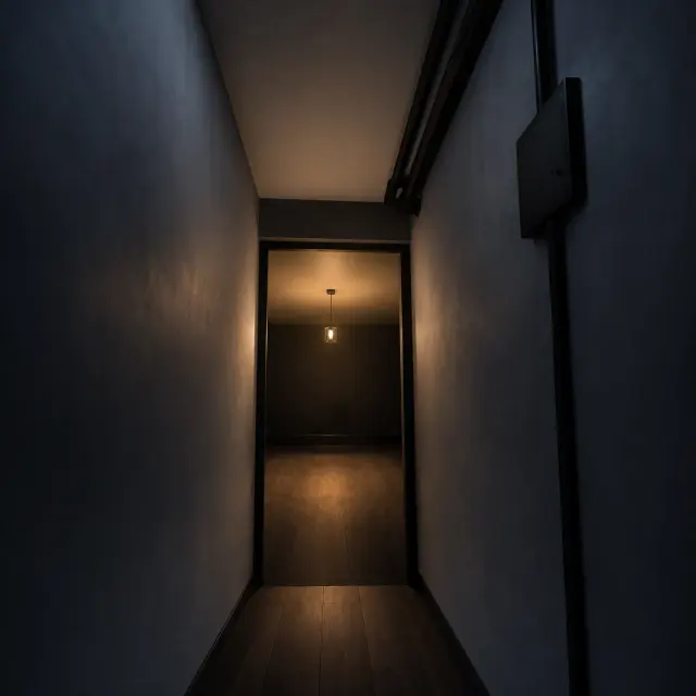 Corredor interior estreito com porta ao fundo