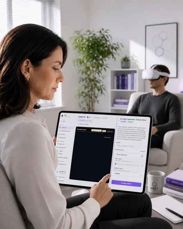 Representação de um consultório: uma profissional utiliza um ecrã junto de uma pessoa com um visor de realidade virtual.