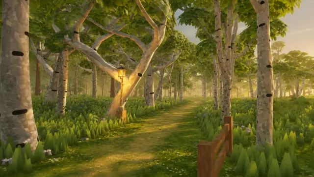 Passeio consciente da VRET por um bosque com caminho, árvores e luz quente.