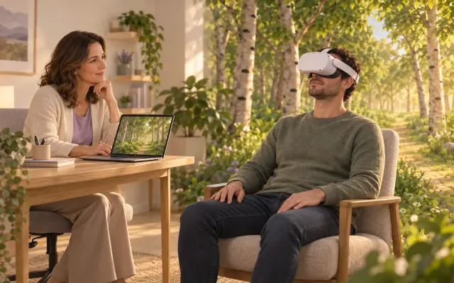 Representação de uma sessão: uma terapeuta acompanha pelo portátil um paciente sentado com visor; o bosque virtual surge no lado do paciente.