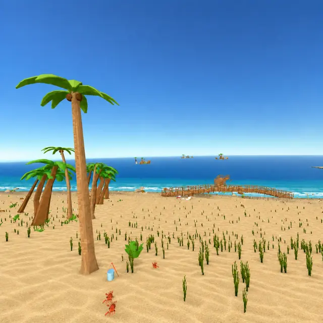 Praia virtual da VRET com palmeiras, areia e passadiço.