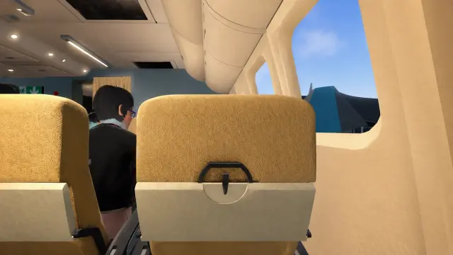 Interior do avião virtual da VRET com assentos e janelas.